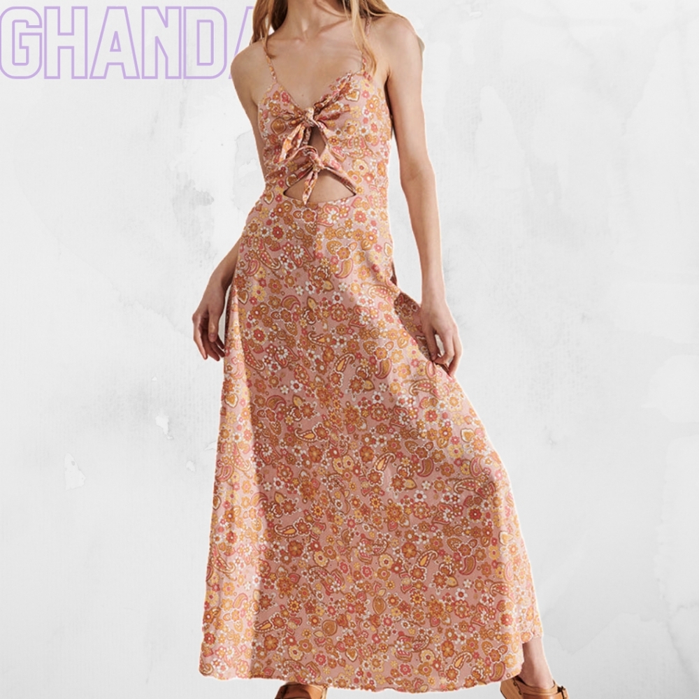 Ghanda Mia Multicolour Floral Linen Blend Tie Front Maxi Dress Size L - Picture 1 of 9